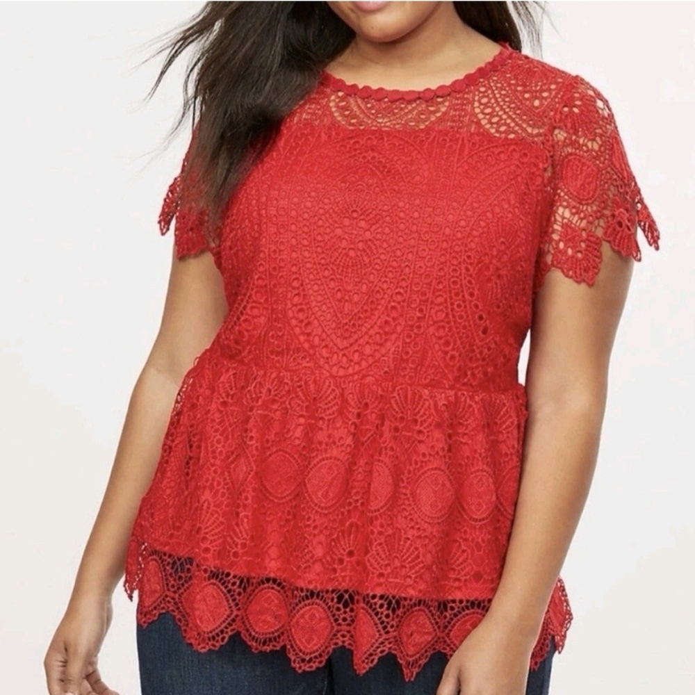 NWT‎ Lane Bryant Scalloped Lace Peplum Top Size 18 Red Feminine Romantic